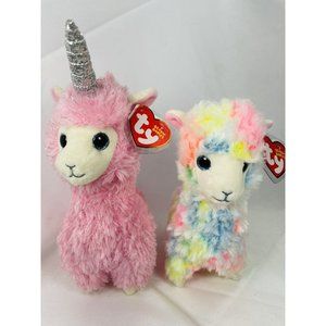 TY Beanie Original 10" Lana Pink Llama Unicorn 8" Lola Plush Stuffed Animal Tag